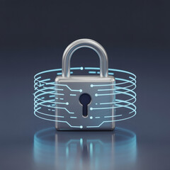Digital padlock secured by glowing blue circuit lines representing data protection and cybersecurity in a modern technological concept