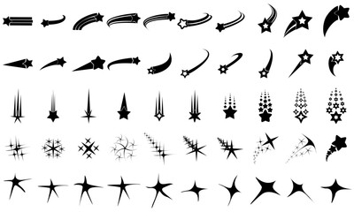 50 shooting star icon patterns and star hand drawn doodles, isolated on white background, vector