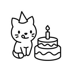 A cat wearing a party hat next to a twotiered cake with a lit candle