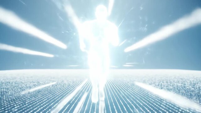 An abstract figure made of pure white light runs at high speed down a futuristic digital grid runway leaving light trails representing speed technology and the future - Powered by Adobe