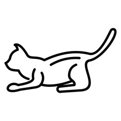A line drawing of a cat in a stretched out pose with a curved tail