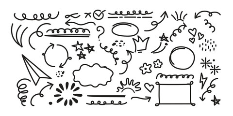 Line cute element set. Hand-drawn sketch doodle style arrow, cloud, star with marker stroke pencil highlight. Doodle sketch heart, star, cloud cartoon sticker shapes