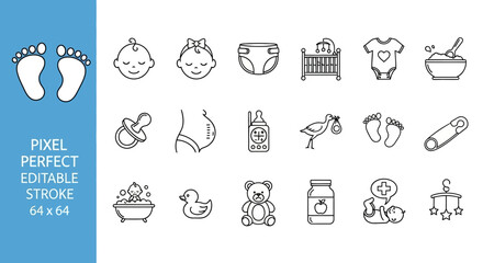 Collection of Line Art Icons Representing Baby Care and Childhood Essentials