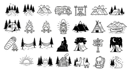 Sleek Line Art Collection Minimalist Outdoor Adventure and Camping Icons for Nature Enthusiasts