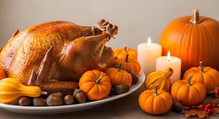 Thanksgiving Feast Roasted Turkey, Pumpkins, Candles, and Autumnal Delights for a Festive Celebration
