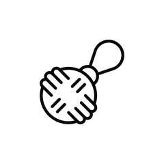 A round woven rattle with a loop handle depicted in a simple black outline