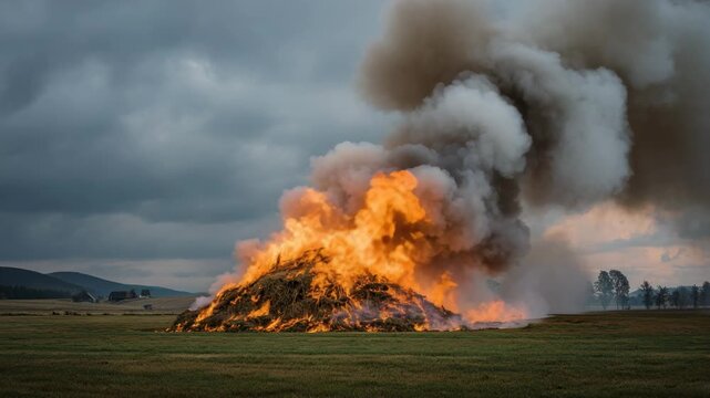 Large haystack fire burning intensely under a cloudy sky