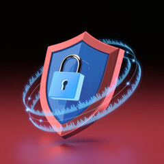 Digital security shield with a padlock and glowing binary code streams representing data protection and cybersecurity concepts