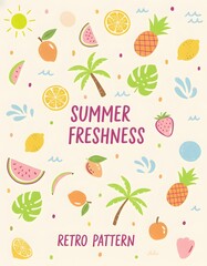 Obraz premium Summer Freshness Retro Pattern. Cute Tropical Fruit Doodle. Pineapple and Watermelon Art. Vintage Beach Vacation Graphic. Sunshine Palm Tree Poster.