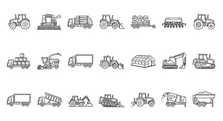 Collection of agricultural machinery and farm vehicle icons. Linear style vector illustration set for the farming industry