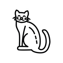 A stylized cat in black outline sits with its tail curved up The cat faces forward with whiskers and a smiling mouth