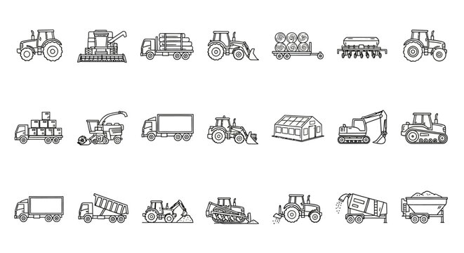 Collection of agricultural machinery and farm vehicle icons. Linear style vector illustration set for the farming industry