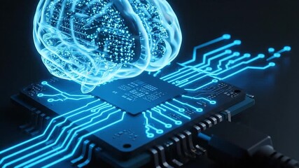 Glowing digital brain microchip circuit board neon blue artificial intelligence neural network futuristic tech technology data - Powered by Adobe