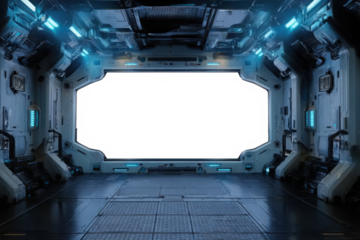 Grunge dark spaceship cockpit with isolated cut out transparent window. Futuristic black starship interior with glowing lights. 3D rendering
