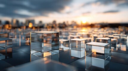 Obraz premium Glowing cubes set in an urban digital grid reflect the intersection of technology and design, emphasizing the growth and innovation of a city built on digital foundations.