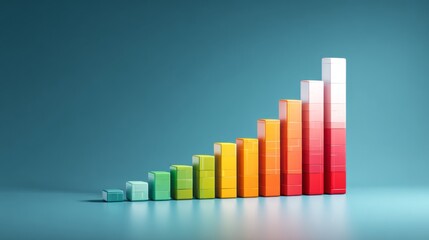Colorful Bar Graph Representation of Growth with Gradual Increase of Blocks in Shades of Green, Yellow, Orange, and Red on a Soft Blue Background