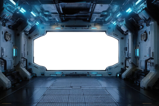 Grunge dark spaceship cockpit with isolated cut out transparent window. Futuristic black starship interior with glowing lights. 3D rendering
