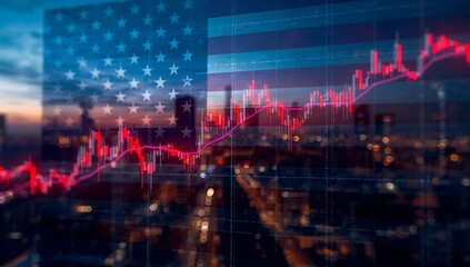Obraz premium American stock market analysis and trends with us flag and city skyline overlayed