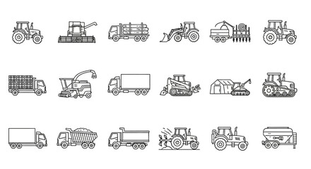Sleek line art icon set of agricultural machinery and farm transport. Collection of modern vector illustrations for farming and harvest concepts