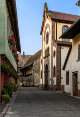 Narrow street in the old town of Bergheim in Alsace, France