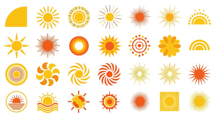 Collection of stylized sun icons and graphics in various designs and colors