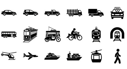 Modern minimalist silhouette icon collection of vehicles for travel, logistics, and transportation concepts