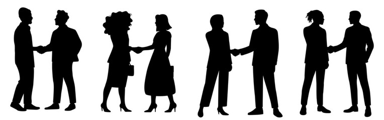 Black and white business silhouettes in meeting scenes, people shaking hands and talking in professional attire, clean vector design with strong contrast on transparent background
