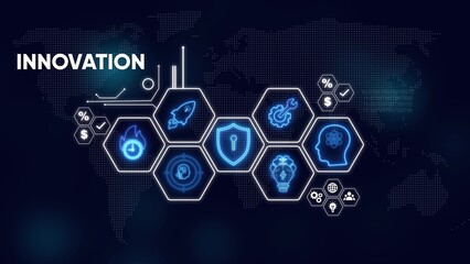Futuristic Hexagon Icons Representing Innovation on World Map Background technology future