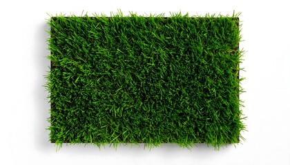 Aerial top view of a rectangular patch of lush green artificial grass turf isolated on a clean white background with a shadow