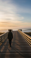 Vertical full-length photo of a single person walking away from the camera on a wooden boardwalk. The ocean horizon is visible through soft morning fog.