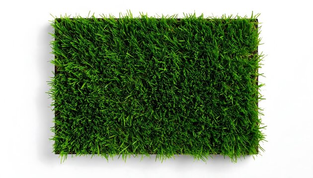 Aerial top view of a rectangular patch of lush green artificial grass turf isolated on a clean white background with a shadow