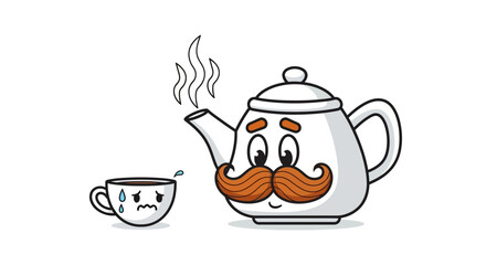 Whimsical Cartoon of a Concerned Cup and Pensive Teapot with Curling Mustache