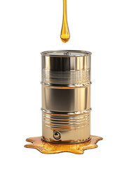 A glistening drop of oil descends towards a gleaming, metallic barrel, evoking notions of resources, energy, and global commerce.