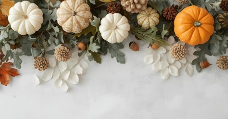 Rustic Autumn Dining Flatlay with White and Orange Gourds, Oak Leaves, and Cloudy Accents" with white background