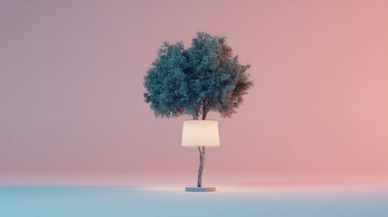 Tree Growing From a Lamp Base Against Soft Pastel Gradient Background in Modern Home Decor