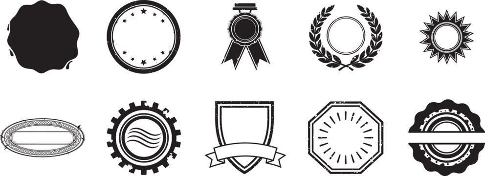 Grunge badge silhouette vector frame set with stamp, medal, laurel, sunburst, gear and shield shapes for vintage label