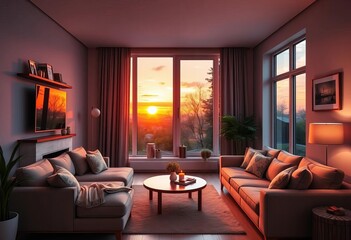 Cozy living room with warm sunset view through large window, showcasing home security concept, view, relaxation