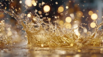 Photorealistic closeup of golden champagne splashing with droplets and bubbles frozen mid air against glowing festive lights in elegant celebration