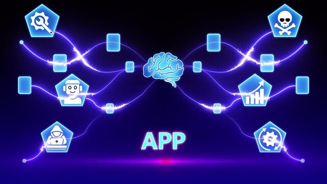 Digital network connecting brain icon to AP text with glowing lines and icons application software