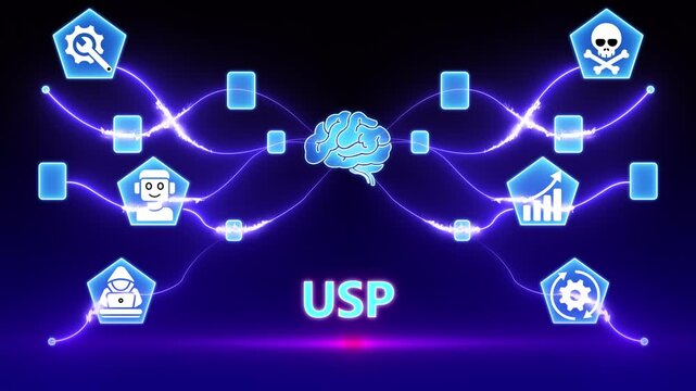 Unique selling proposition concept with USP text and interconnected icons representing strategy finance communication and ideas