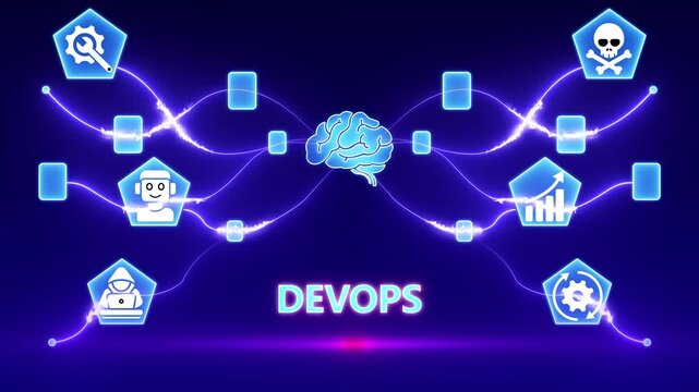 Dev Ops concept with brain and connected icons on a dark blue background DevOps development