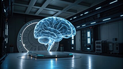 A futuristic depiction of a glowing brain hologram in a high-tech environment, symbolizing advanced technology and neuroscience.