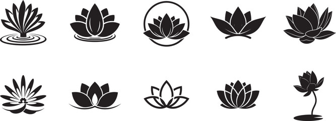 Lotus flower silhouette vector logo set with water lily petal icons for spa, yoga, meditation, beauty and wellness branding
