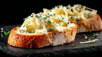 Delicious toasted bread topped with creamy cheese and herbs served on a dark slate plate, ideal for gourmet food lovers and culinary presentations