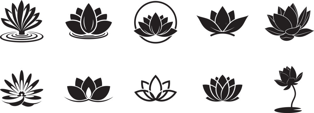 Lotus flower silhouette vector logo set with water lily petal icons for spa, yoga, meditation, beauty and wellness branding
