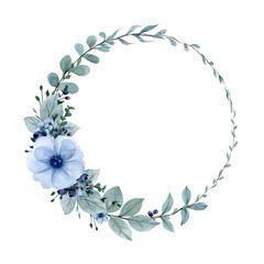 Fototapeta premium Watercolor round wreath with blue anemones, eucalyptus and greenery. Wedding floral frame design. Floral composition isolated on white background for cards, invitations, posters, stickers, print.