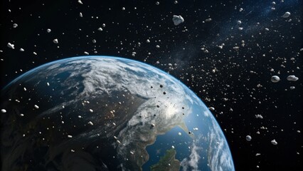 A view of Earth surrounded by asteroids, illustrating the vastness of space and the potential hazards from celestial objects.