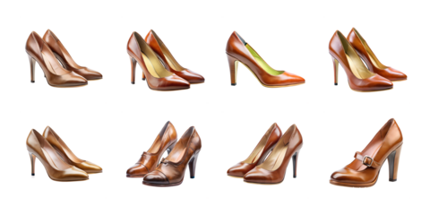 Group of fashionable brown high heels isolated on transparent background