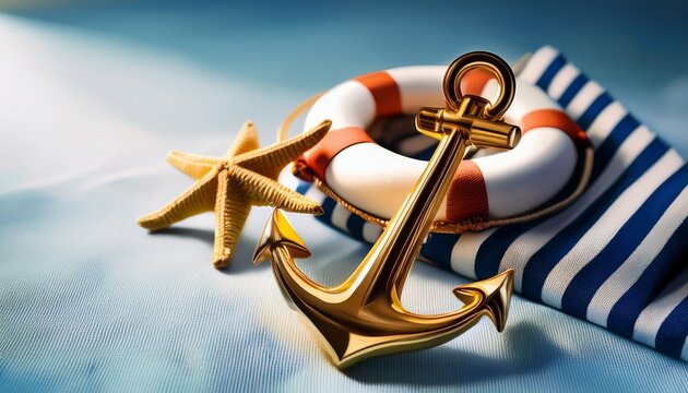 decorative golden anchor resting on miniature lifebuoy with starfish and nautical fabric - Powered by Adobe