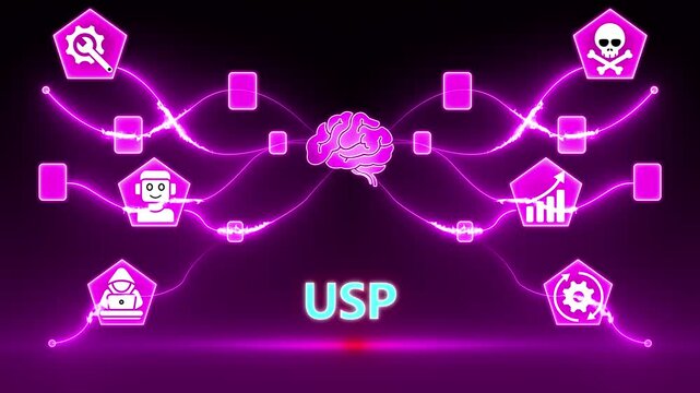 Unique selling proposition concept with USP text and interconnected icons representing strategy finance communication and ideas